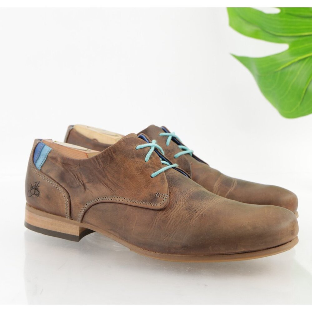 John Fluevog Mens CBC Radio Oxfords Size 8 M Brown Leather Turquoise Dress Shoe
